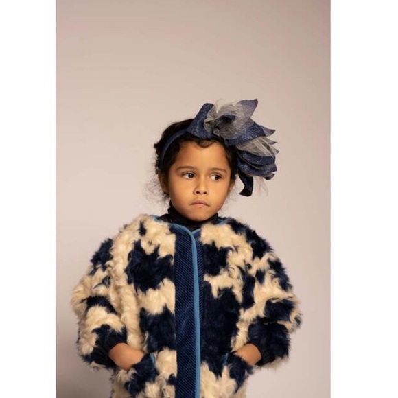 • TIA CIBANI • Padded Patchwork Reefer, Huron Mix
 Girls Blue and White 12 Month - Picture 2 of 5